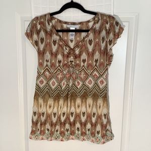 Liz Wear Ladies Pullover V- Neck Top Tan/ Pink/ White Size M